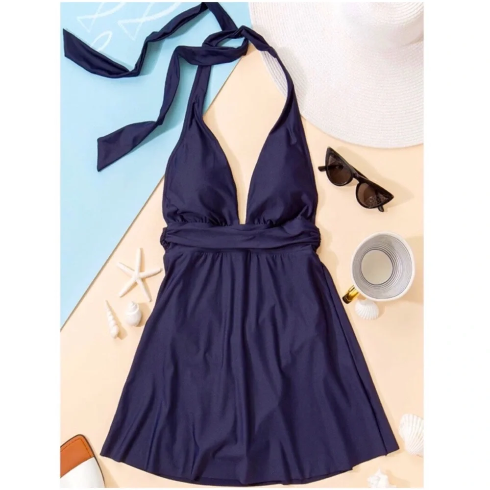 2 LEFT! Navy Ultimate Modest Women’s Swim Dress Halter Summer Bathing Suit - Picture 5 of 7
